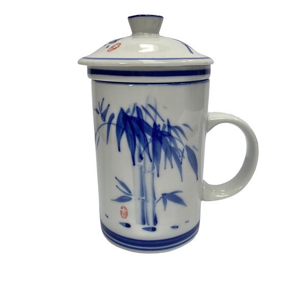 World Market 3 Pc Tea Cup Mug Strainer Lid Set Blue White Ceramic China - EUC - Picture 13 of 13